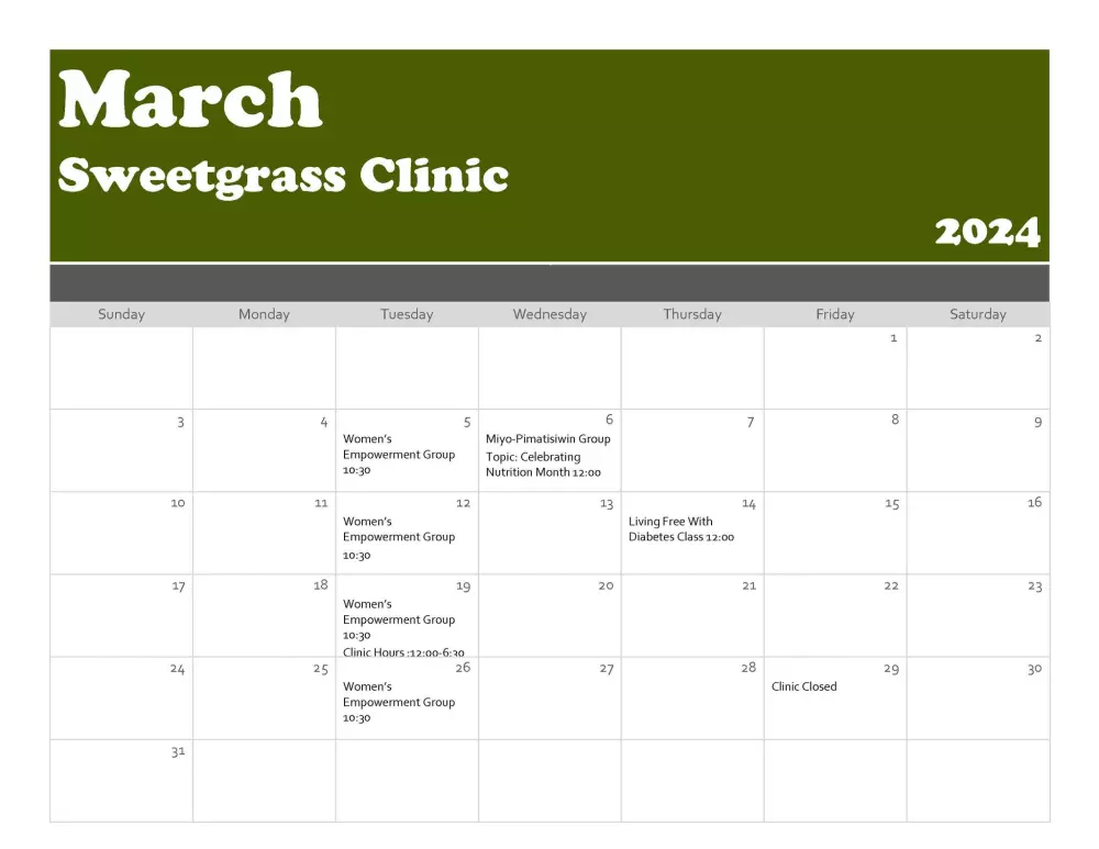 Sweetgrass Clinic - March Calendar